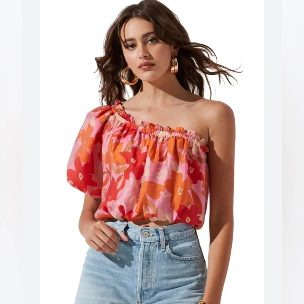 ASTR The Label Atlanta One Shoulder Ted Pink Orange Top Size Small